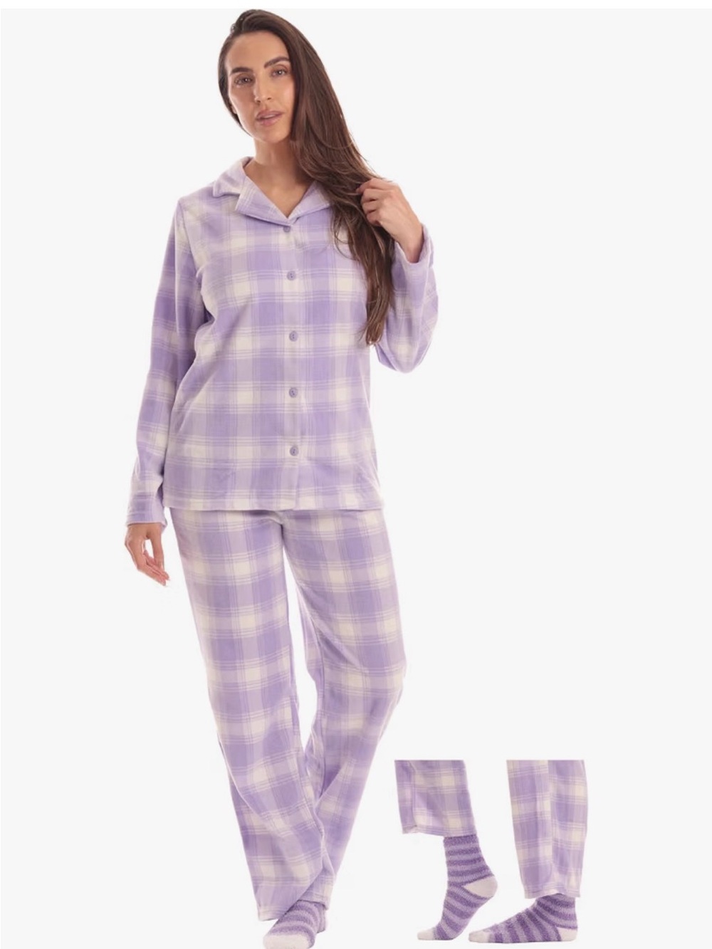 Ladies Purple Plaid Micro Polar Fleece Pajama Set with Cozy Socks - LARGE